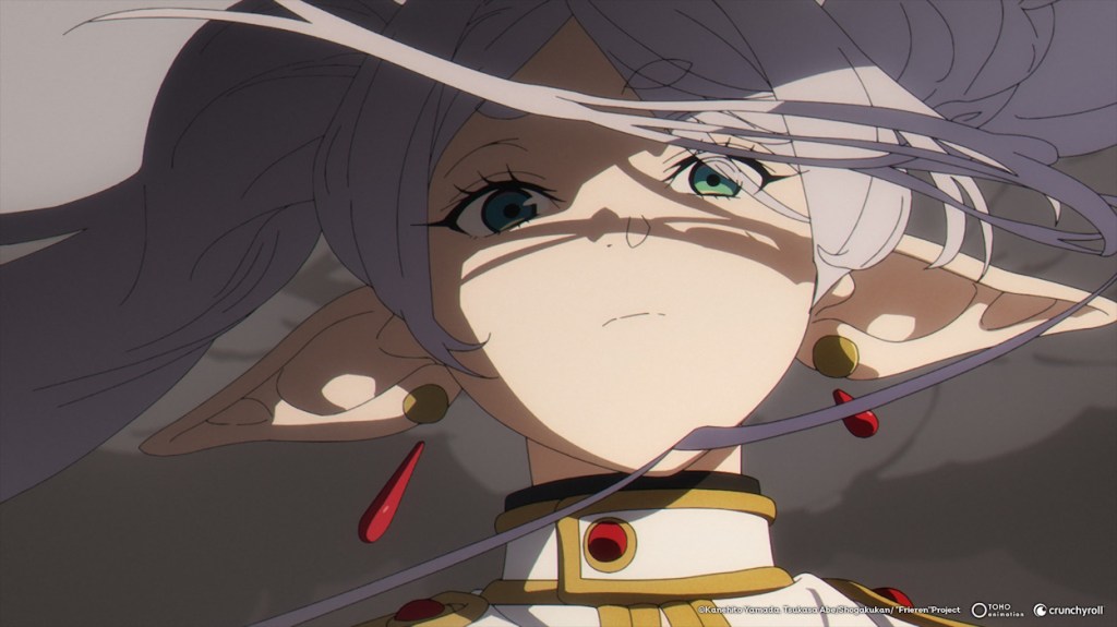 Frieren em sua batalha contra sua réplica no anime Frieren: Beyond Journey's End
