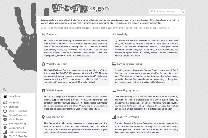 Captura de tela do site BrowserLeaks, um software de código aberto gratuito disponível para testes de privacidade on -line.