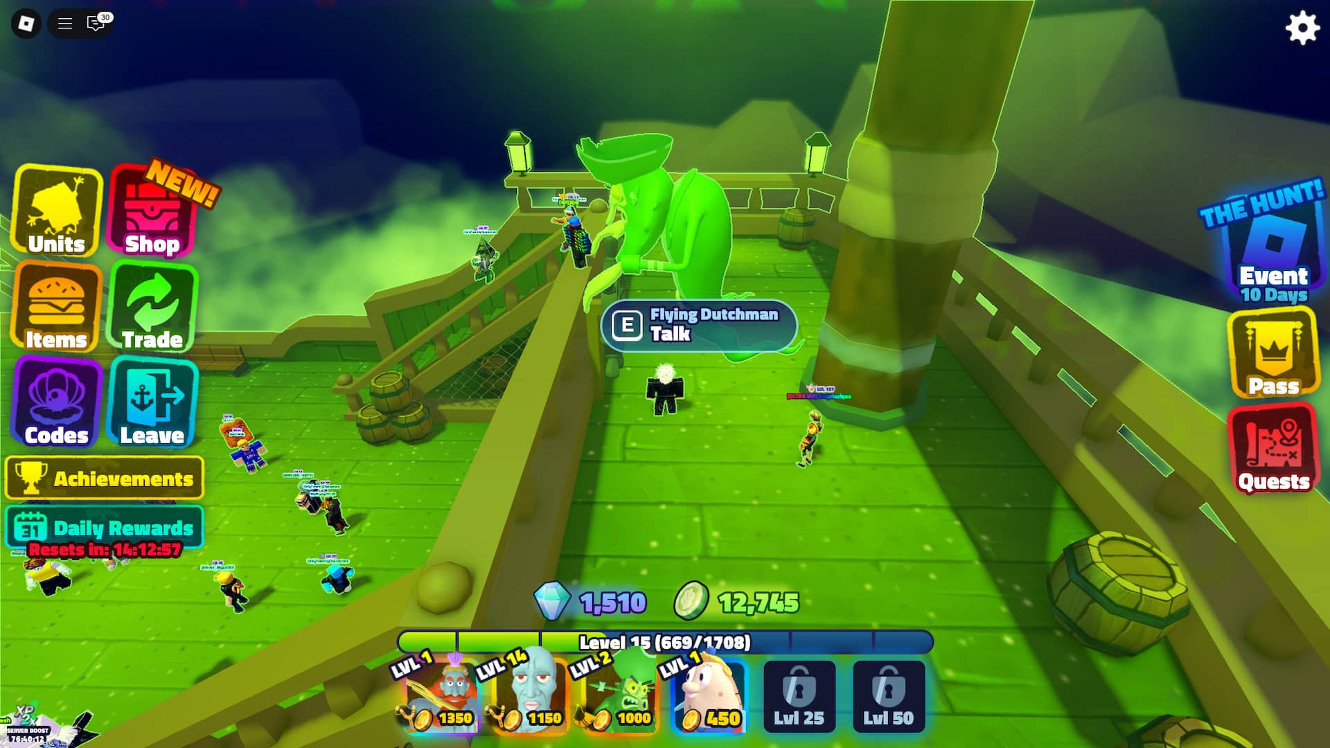 Dutchman voando no Trading Plaza durante o Mega Event Hunt em Bob Esponja Tower Defense Roblox Experience