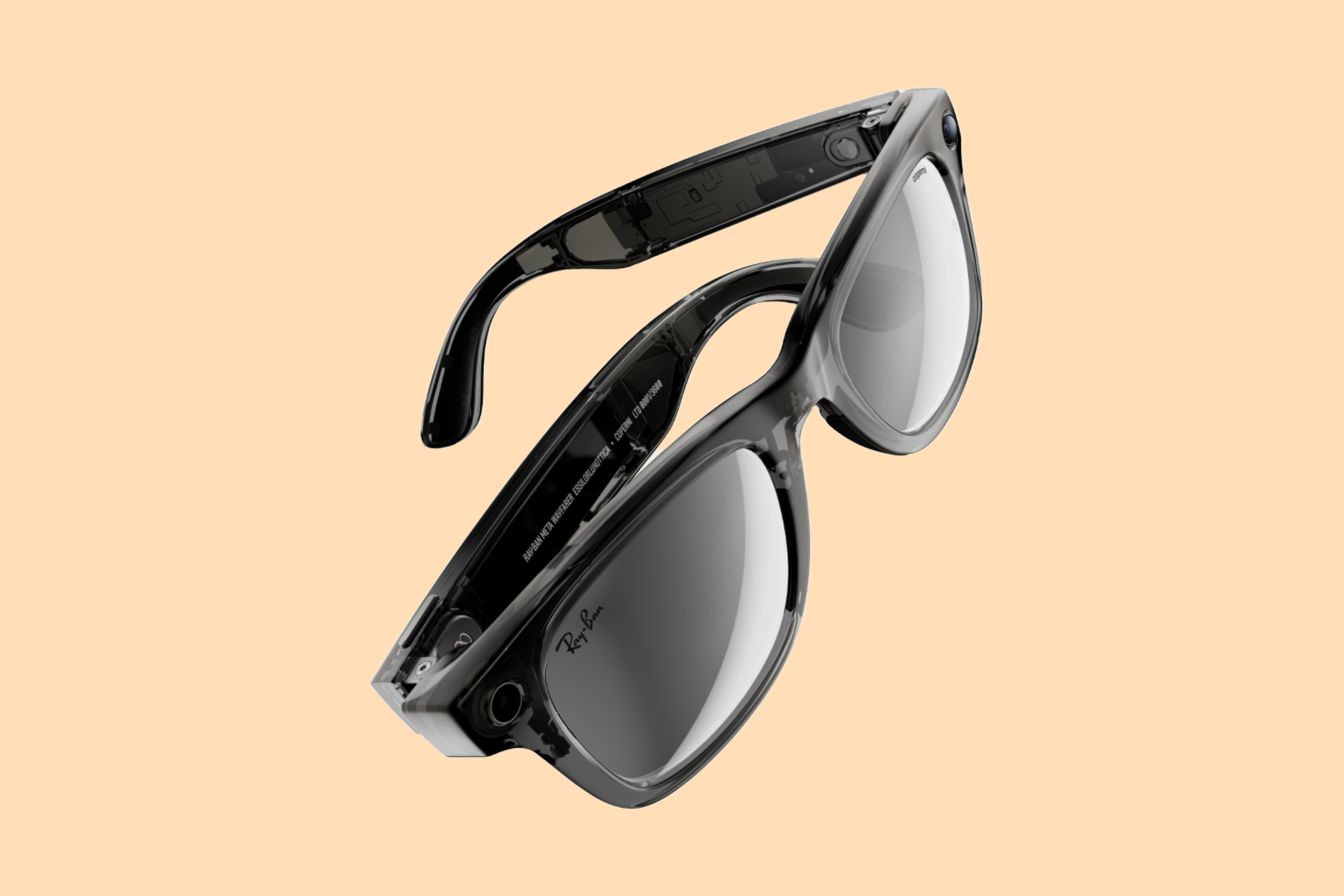 Vista angular dos óculos de edição limitada de Ray-Ban Meta X Coperni.
