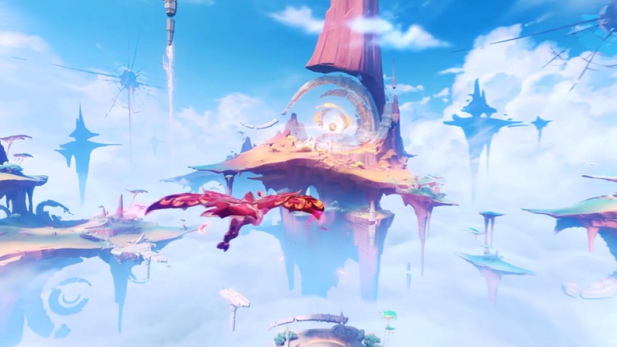 Qucusaur voando em direção à Cidade Sagrada de Tollan de Genshin Impact