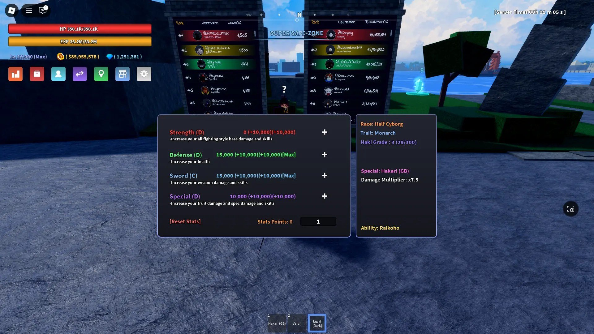 Pré-visualização do menu de estatísticas com o traço Monarch na experiência Verse Piece Roblox