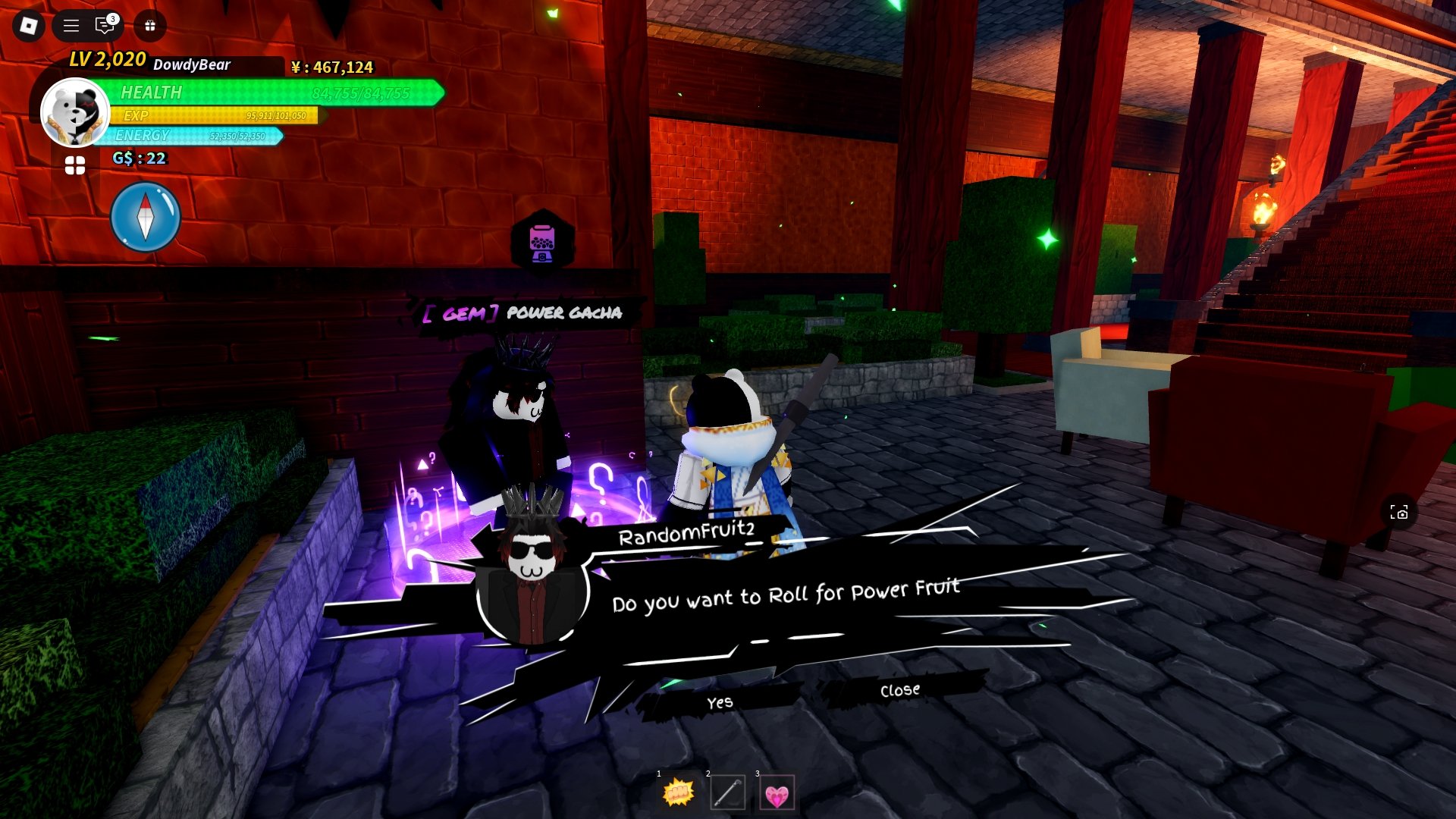 Jogador de Universal Piece falando com o NPC do power gacha
