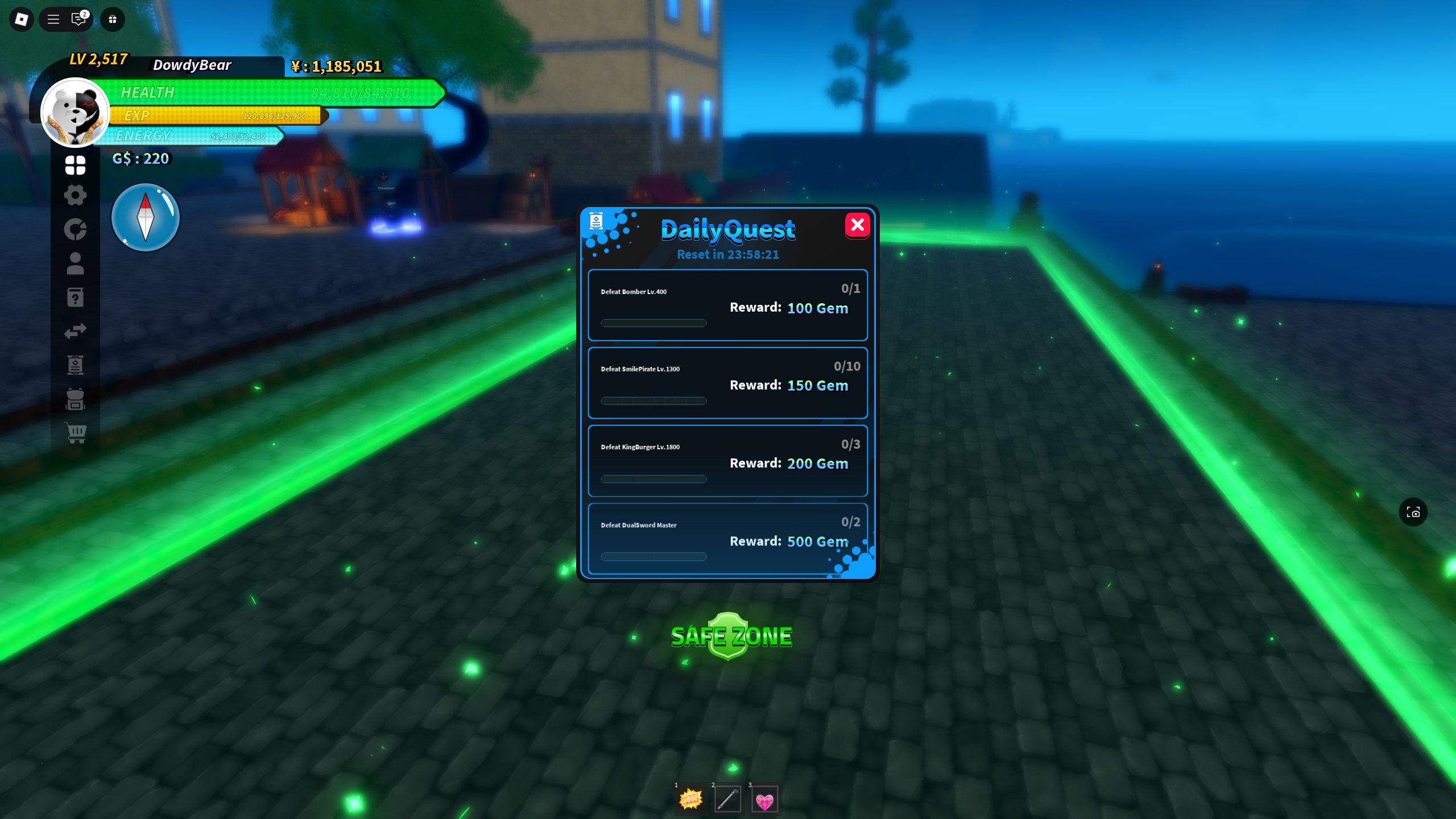 Jogador de Universal Piece olhando para o registro de Quests Diárias