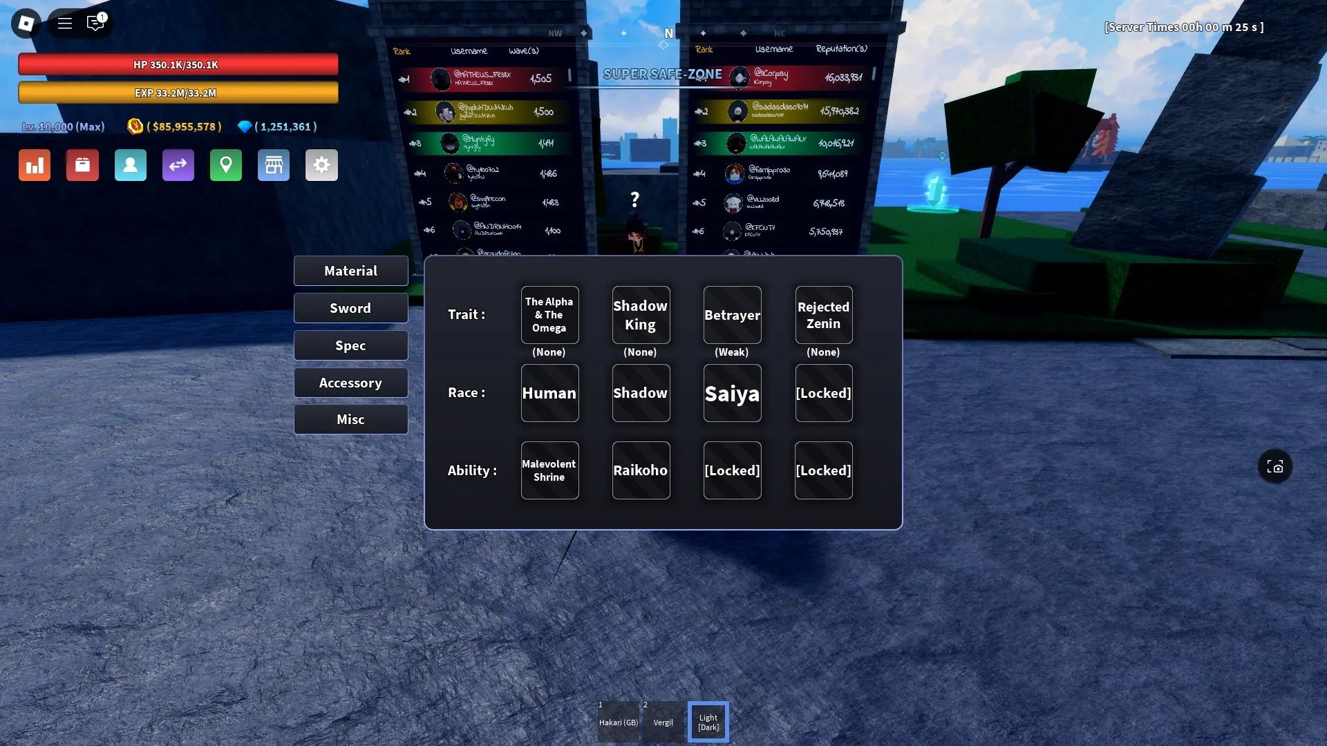 Armazenamento de traços no inventário na experiência Verse Piece Roblox