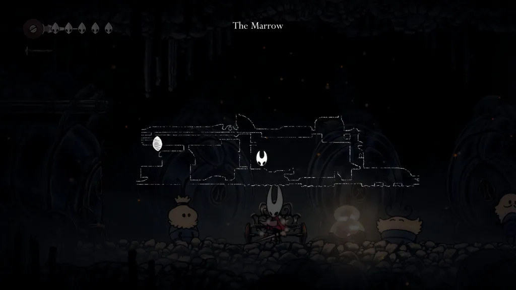 Uma captura de tela de Silksong mostrando o mapa com a localização da Hornet e o último ponto de morte.