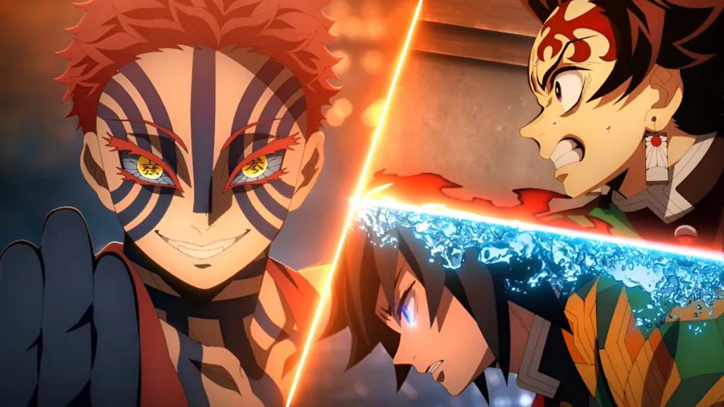 Tanjiro, Giyu e Akaza no filme Demon Slayer Castelo Infinito