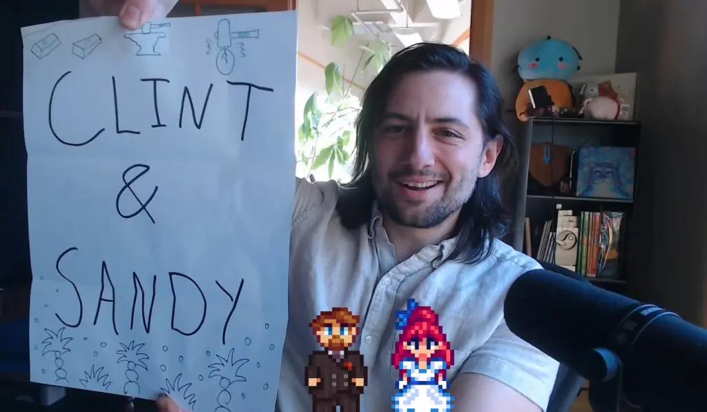 Uma captura de tela de ConcernedApe mostrando um pedaço de papel com "Clint e Sandy" escrito nele