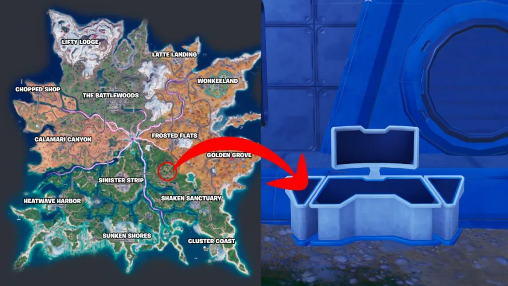 Fortnite Chapter 7 Season 3 with the location of the Shape console and an image of the Shape Console